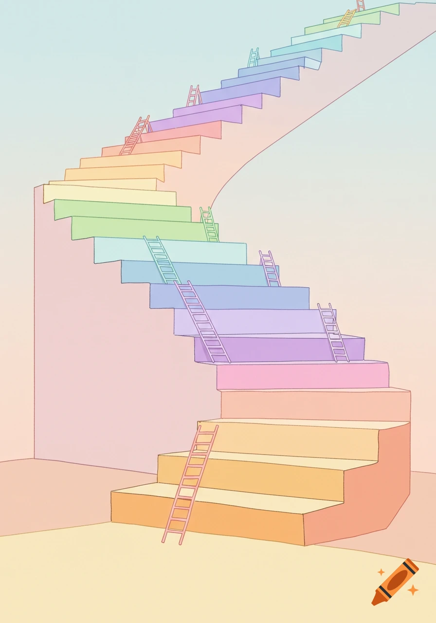 A minimalist cartoon illustration of a curved rainbow staircase with multiple small ladders leaning against its steps.