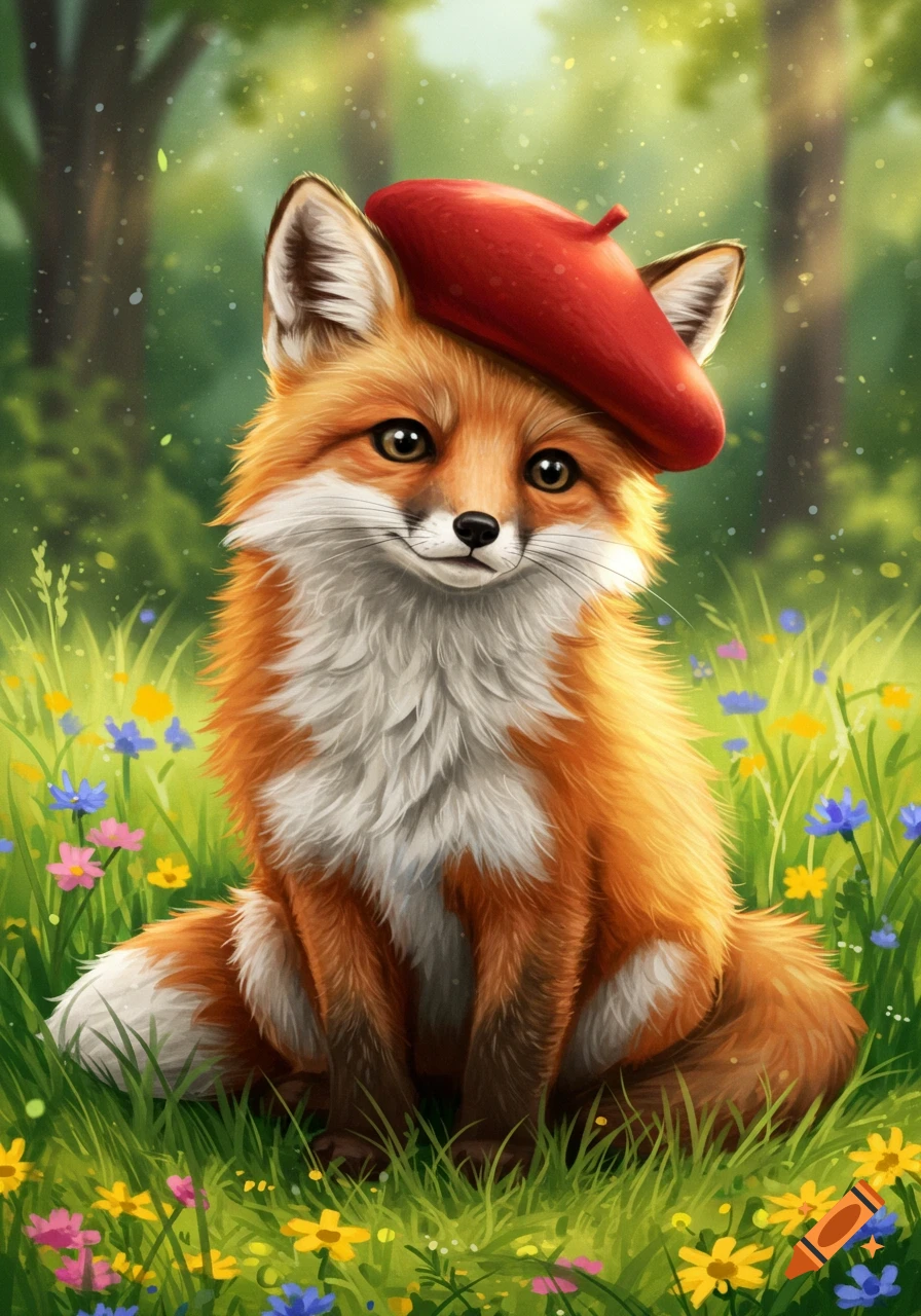 A fluffy red fox wearing a red beret sits in a vibrant green meadow filled with colorful wildflowers, with a soft forest background. Illustrative style.