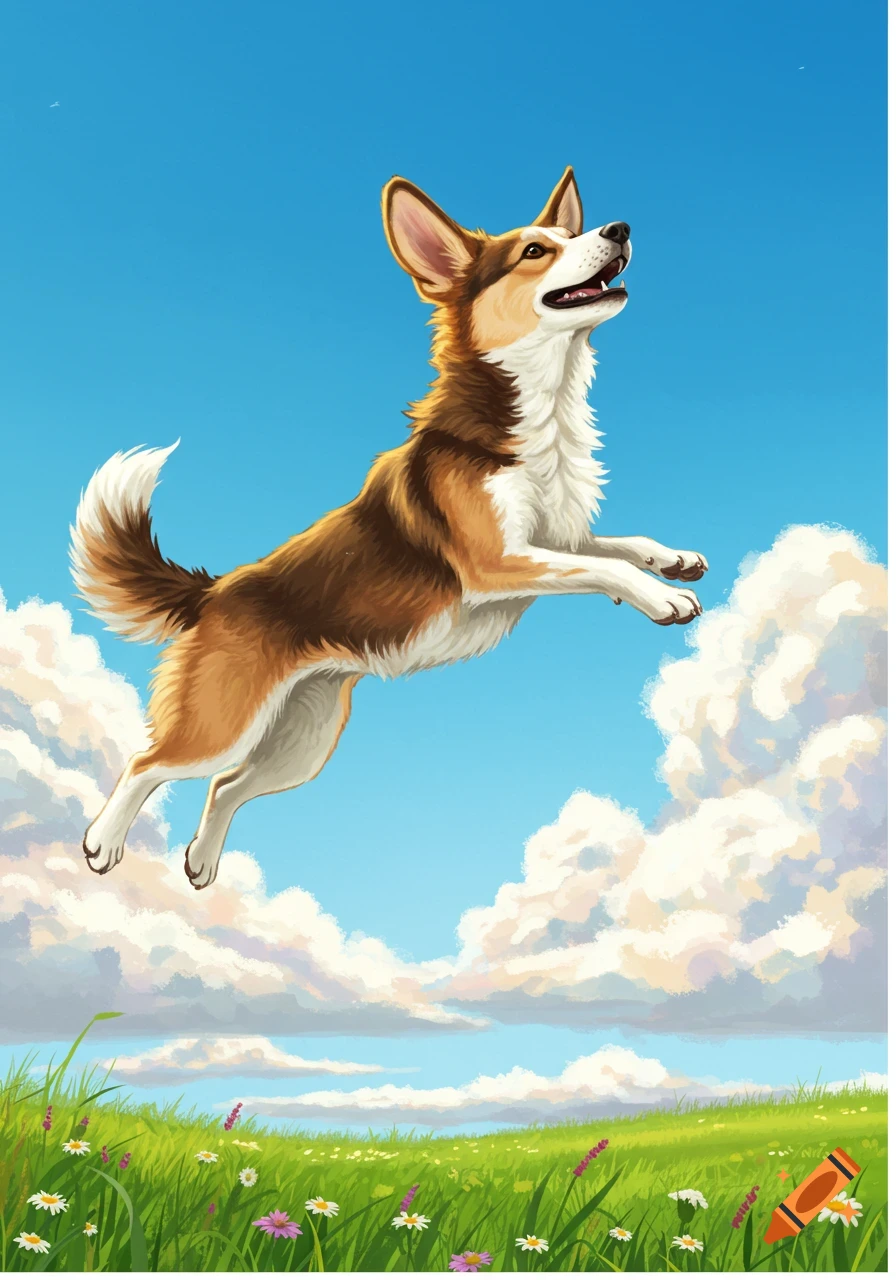 Illustrated corgi dog leaping in a blue sky above a green field with white clouds.