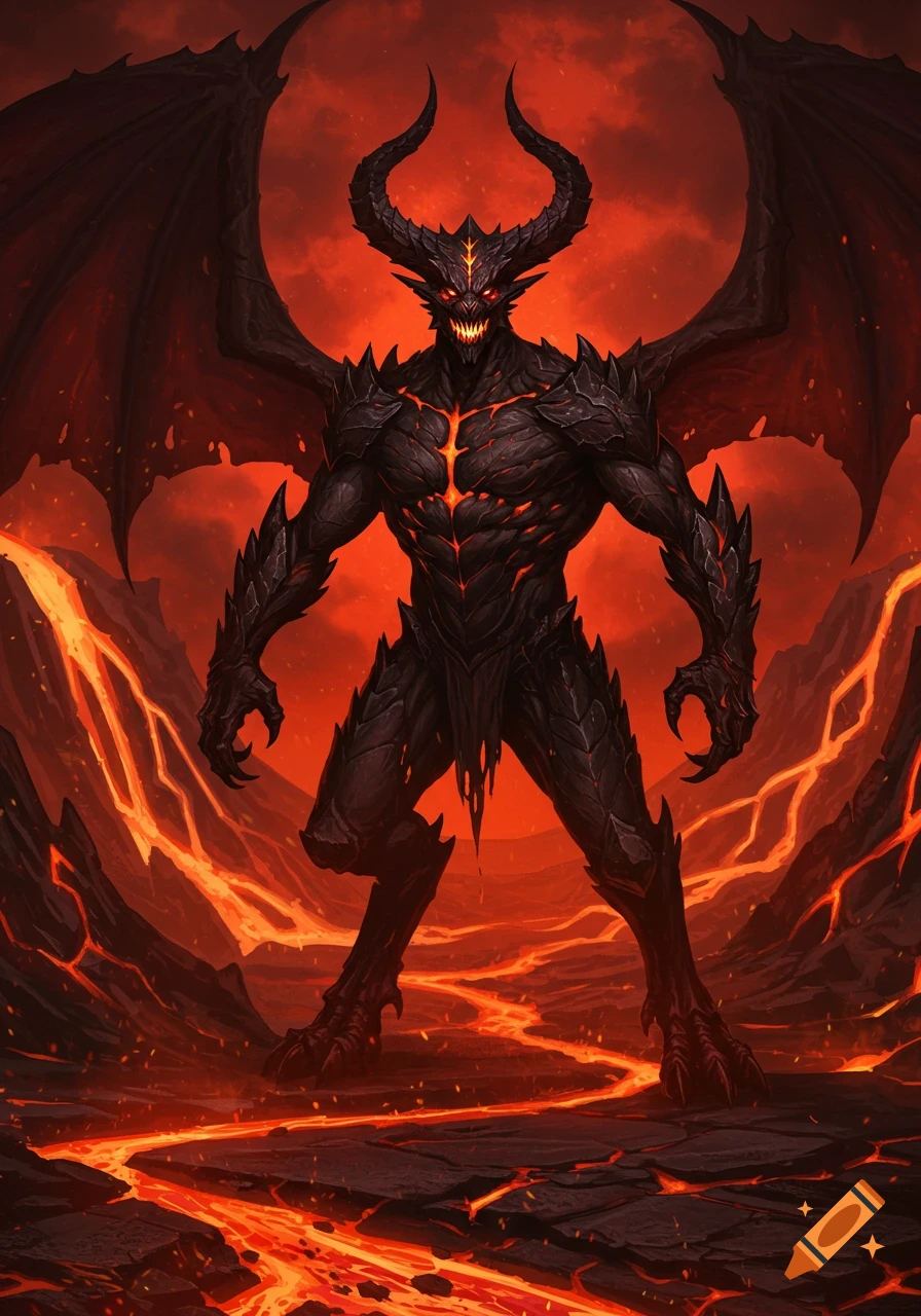 A dark, horned demon with glowing eyes and chest, standing in a volcanic landscape with flowing lava under a fiery red sky.