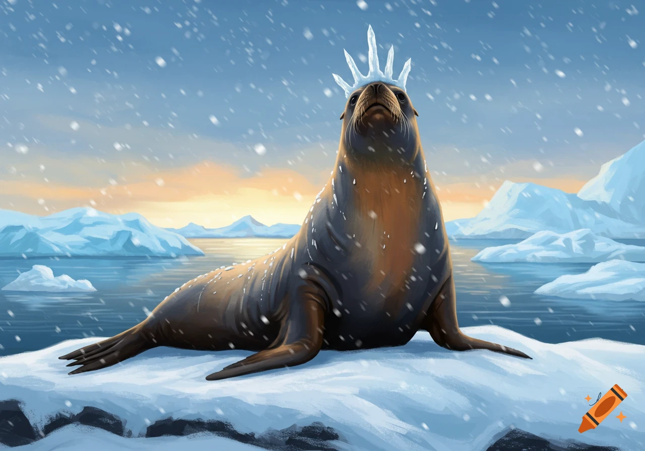 A regal seal wearing an ice crown stands on snow in a digital painting of an arctic landscape with icebergs and a sunset sky.