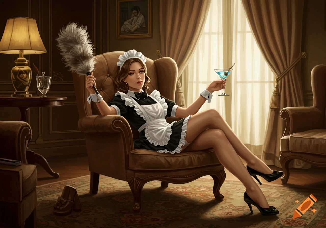A woman in a French maid outfit, holding a feather duster and a martini, reclines in a large armchair in a richly decorated room, digital art.