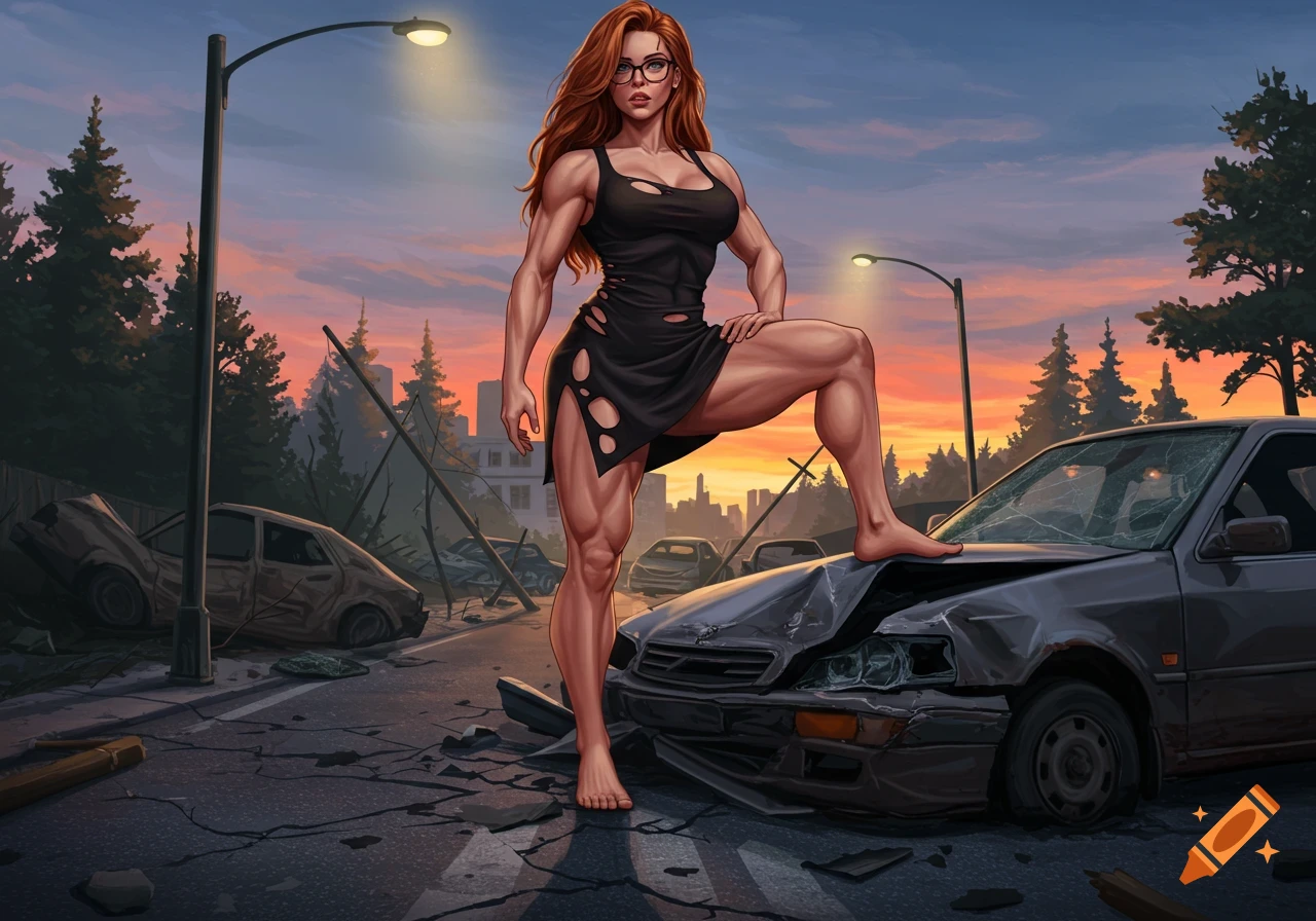 A muscular, red-haired woman in a ripped black dress stands barefoot on a crushed car in a destroyed city street at sunset, digital illustration.