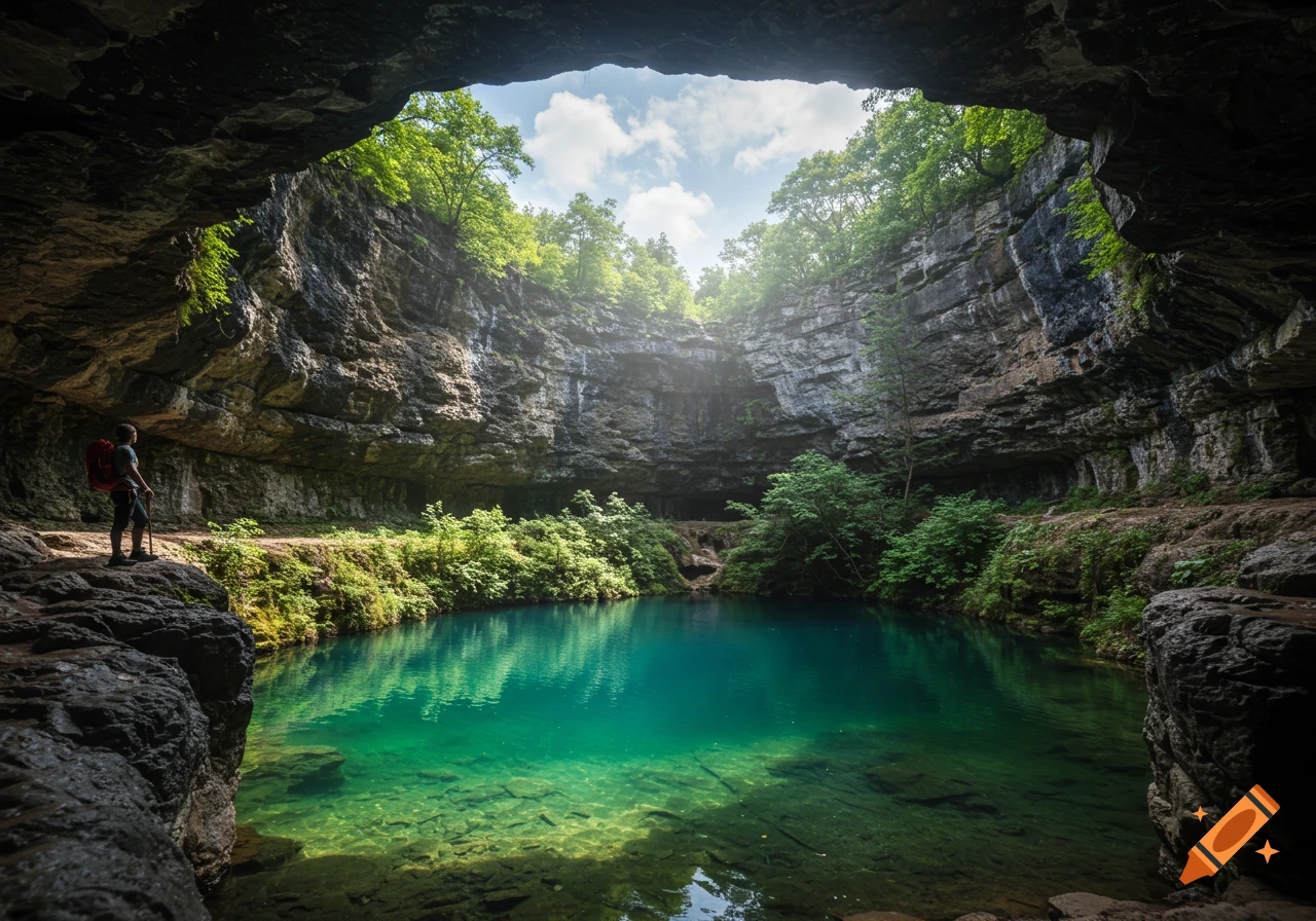 Hiker in a cave entrance overlooking a vivid turquoise pool surrounded by cliffs and lush trees under a bright sky.