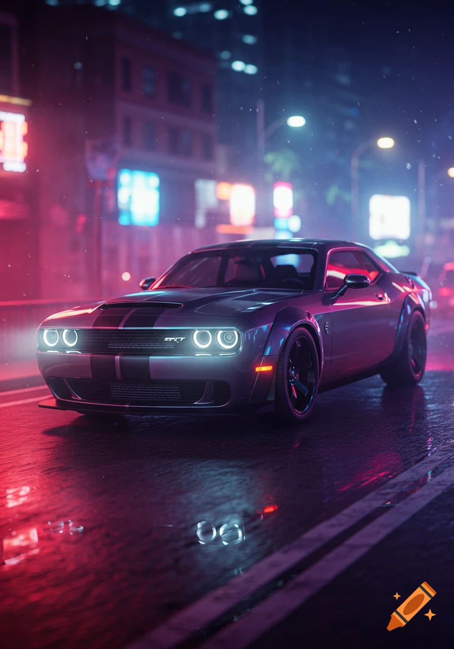 A dark gray Dodge Challenger SRT sits on a wet city street at night, illuminated by vibrant neon lights.