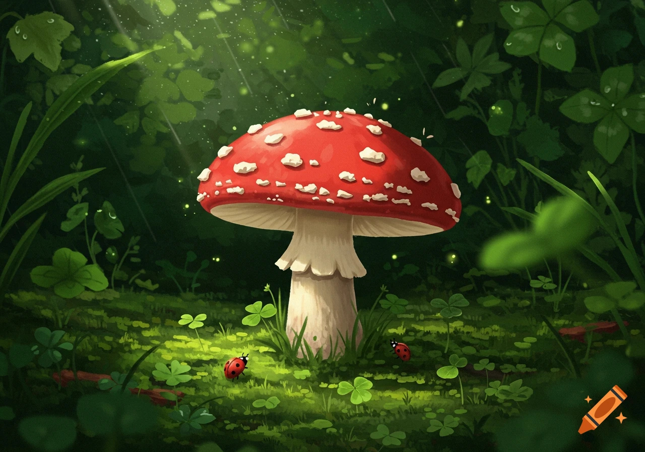 A vibrant red and white spotted mushroom stands in a lush green forest clearing with two ladybugs and glowing specks, in a whimsical art style.