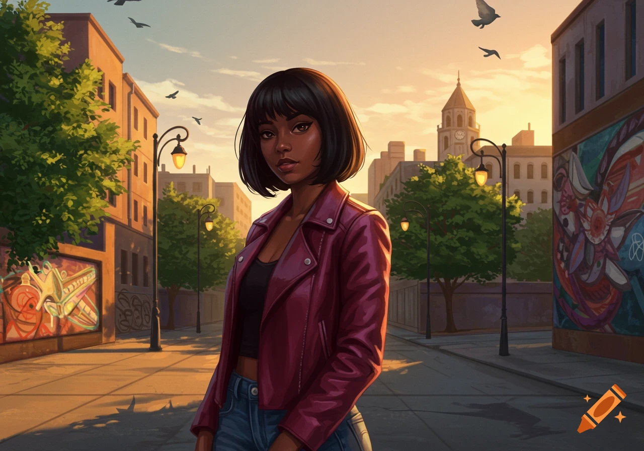 An illustrated young Black woman with a bob, red leather jacket, standing on a city street at sunset.
