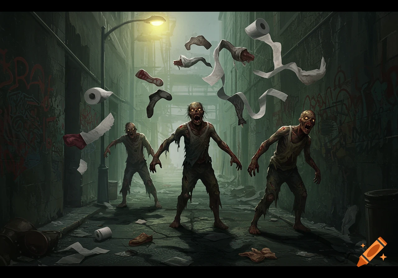 Three decaying zombies with glowing eyes stand in a dark, graffiti-covered alley, with toilet paper, socks, and underwear flying in the air.