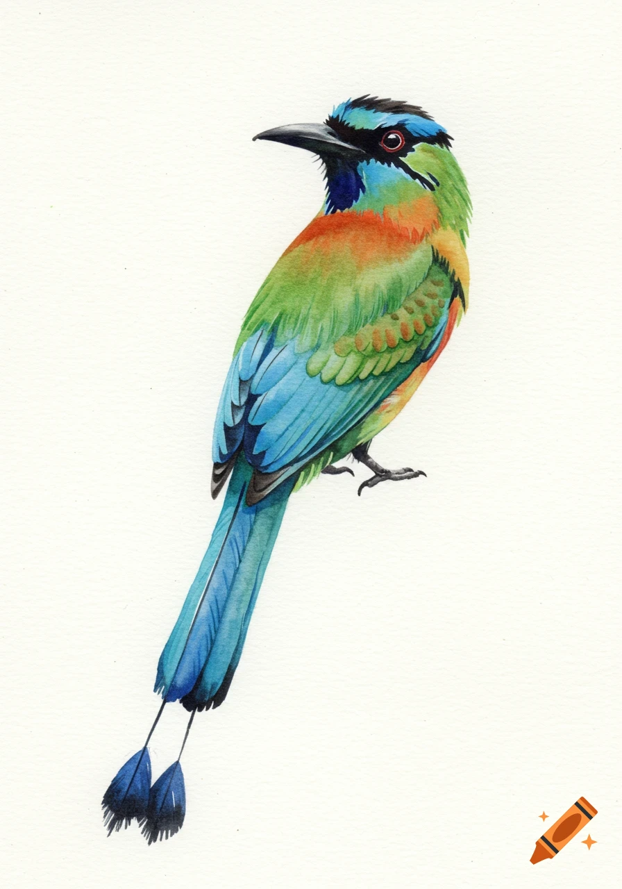 Vibrant watercolor painting of an Andean Motmot bird with colorful feathers against a plain white background.