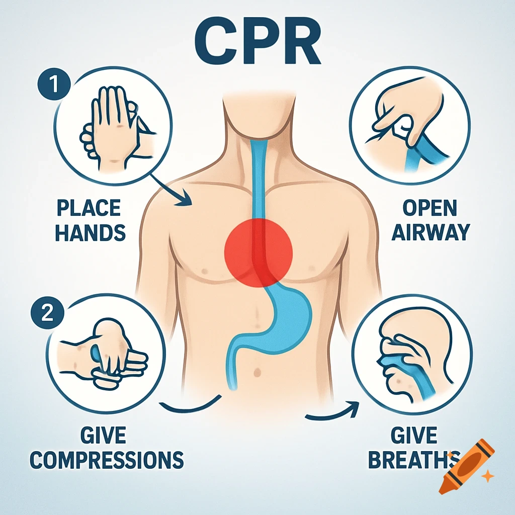 Illustration showing the steps of CPR: placing hands, opening airway, giving compressions, and giving breaths, around a human torso diagram.