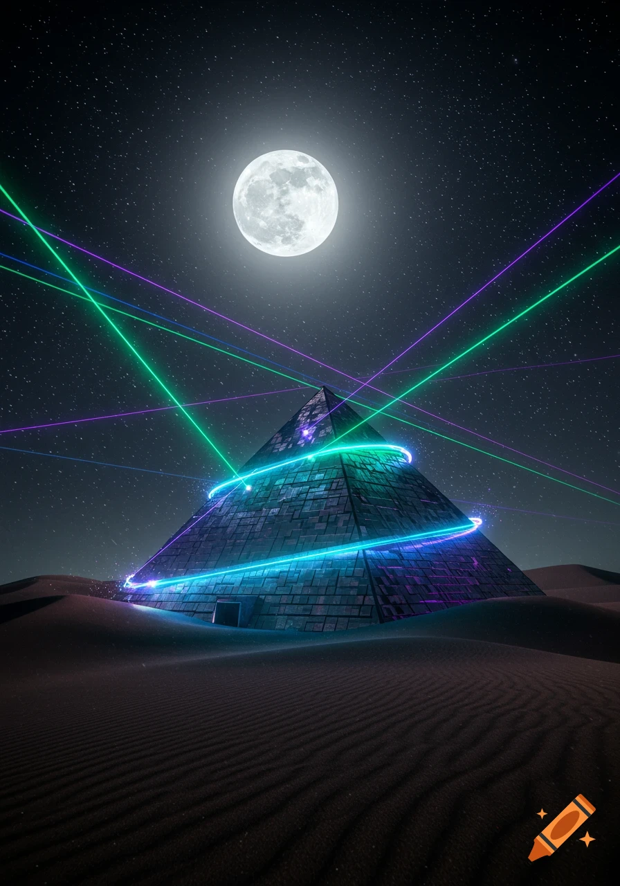 A futuristic pyramid in a desert at night, illuminated by glowing blue and purple lasers under a full moon and starry sky.