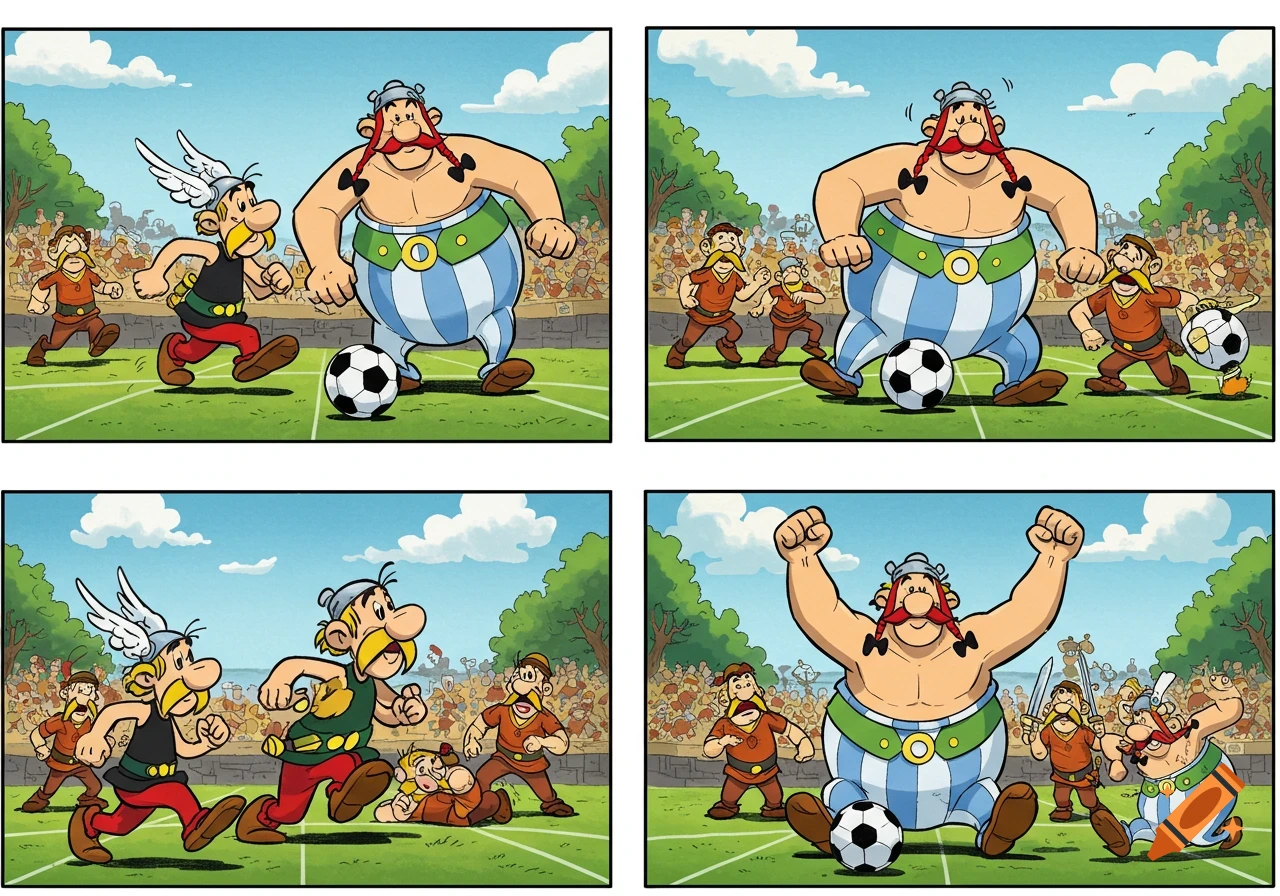 Four comic panels depicting Asterix and Obelix playing soccer against Roman soldiers, with Obelix celebrating a win.