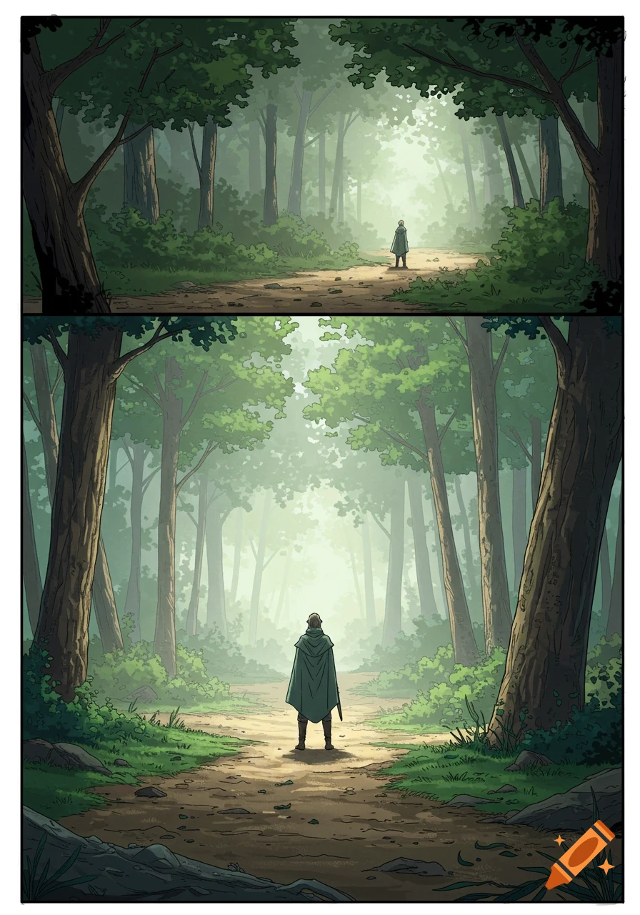 Comic panel of a lone figure in a green cape on a forest path, sunlight filtering through misty trees.