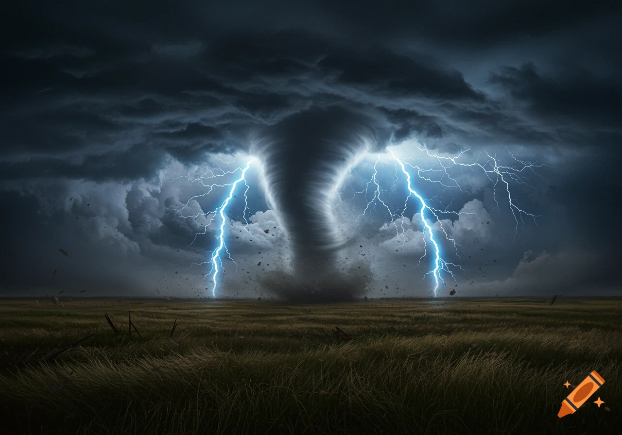 A massive tornado under a dark, stormy sky, illuminated by bright lightning strikes over a desolate field.