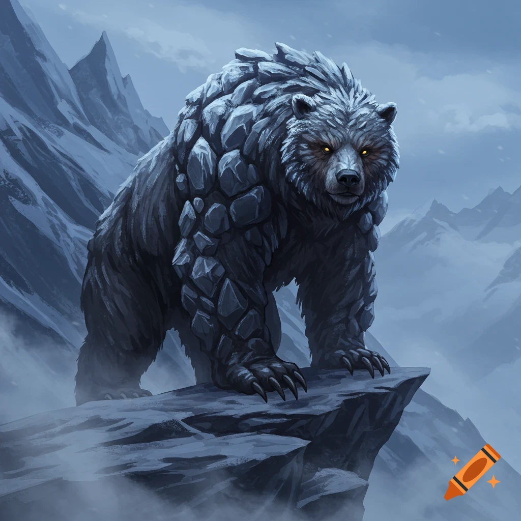 A formidable stone bear-like beast with glowing golden eyes stands on a snowy mountain ledge, digital art.