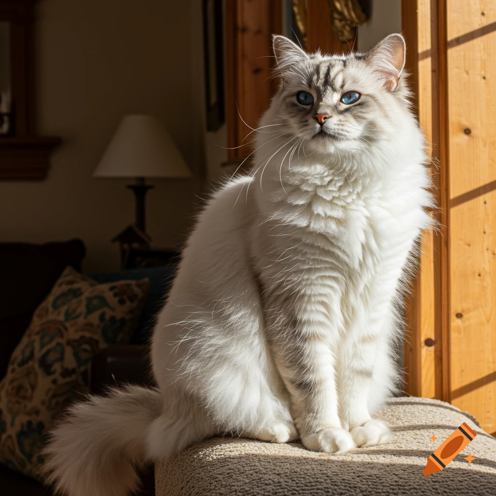 A fluffy white cat with blue eyes sits in a sunbeam indoors, looking up.