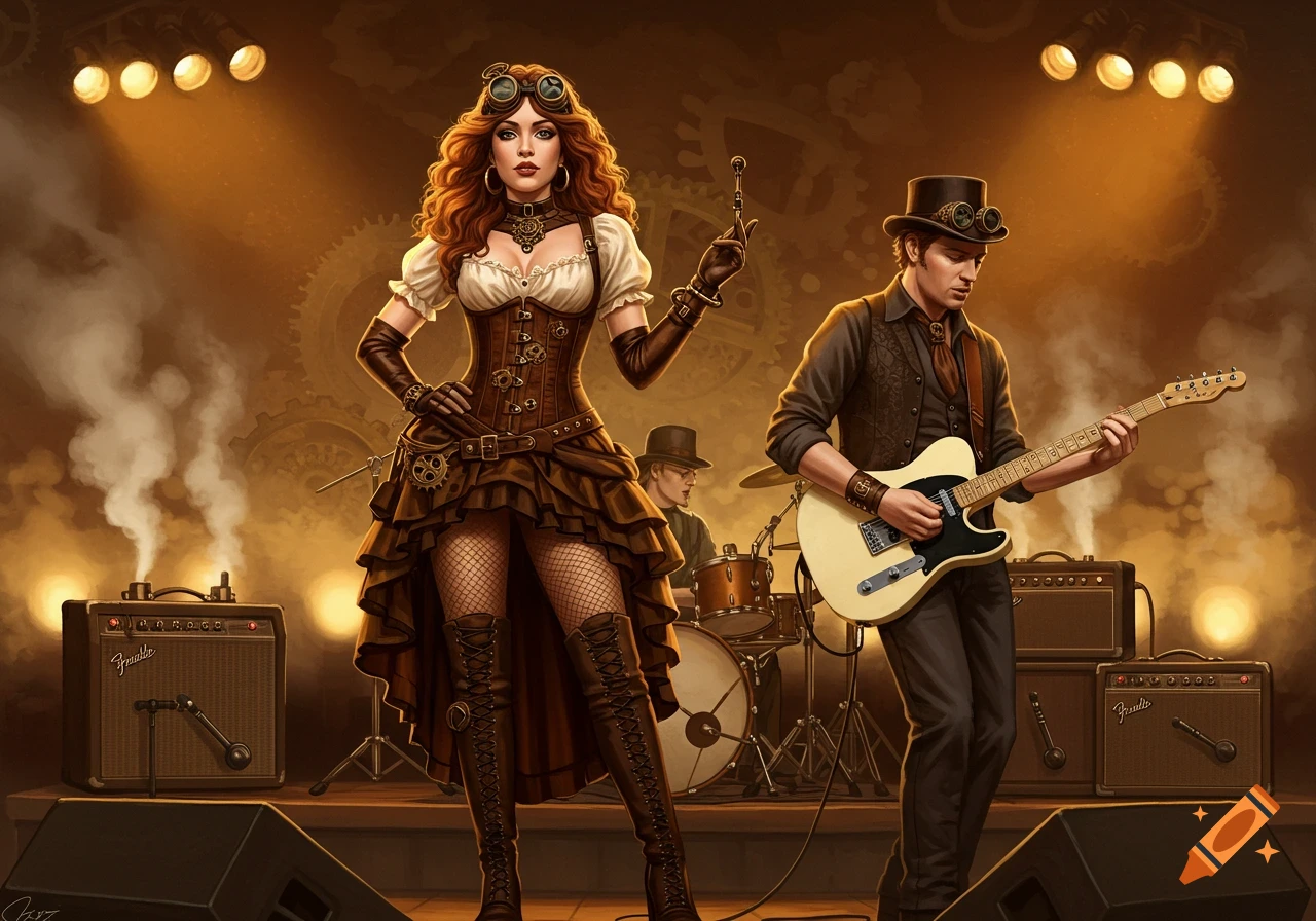 A steampunk band performs on stage, with a female singer in a corset and a male guitarist playing a white telecaster. Another band member plays drums in the background.