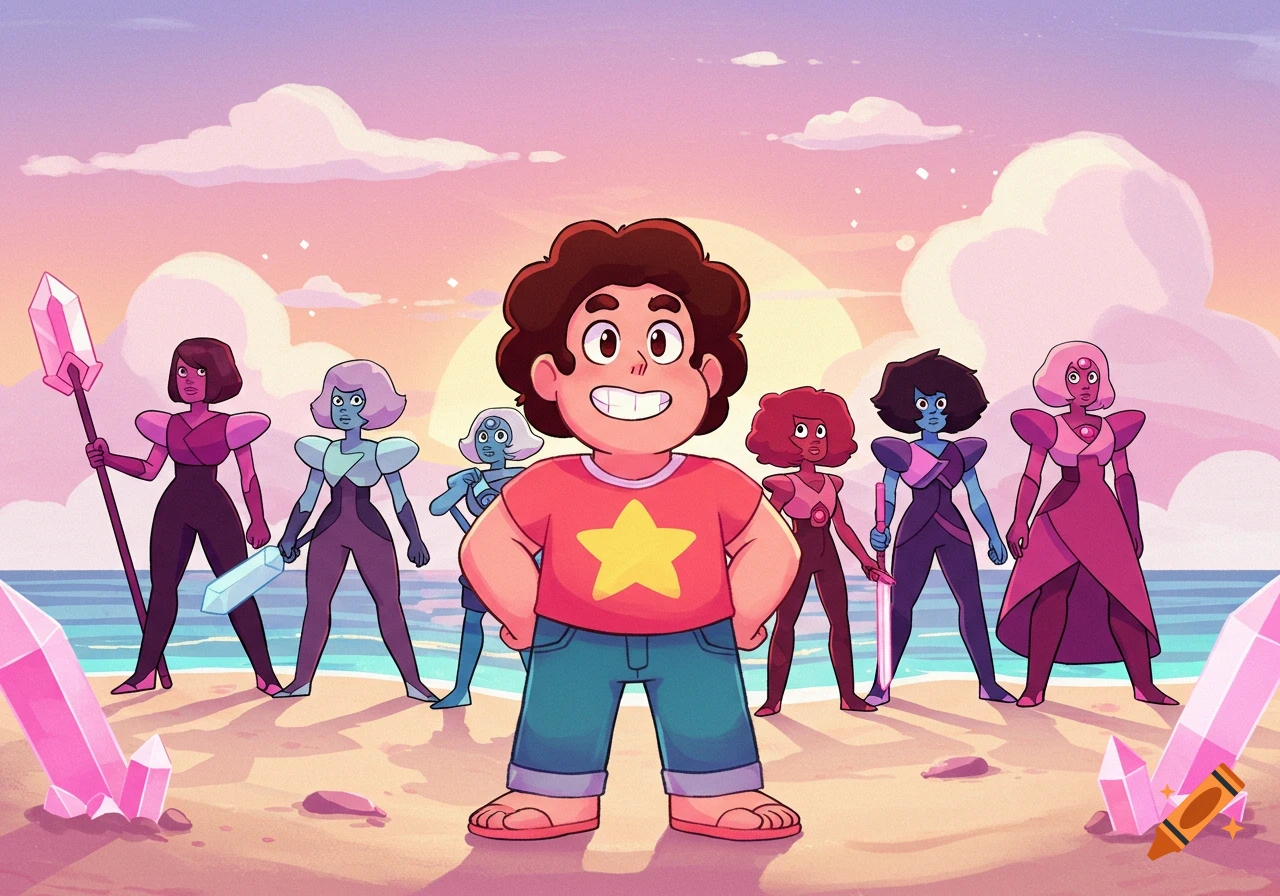 Steven Universe and several Gems stand on a beach with pink crystals, facing forward at sunset in a cartoon style.