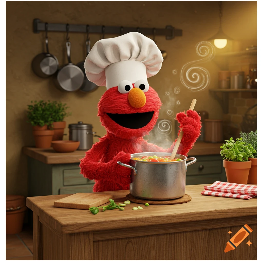 Elmo, wearing a white chef's hat, happily stirs a pot of soup in a rustic kitchen.