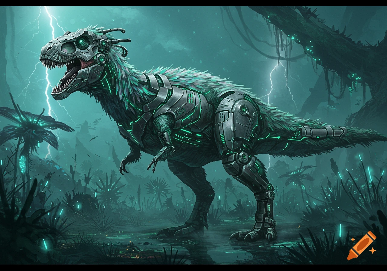 A cybernetic T-rex with feathers and glowing green accents stands in a dark, misty jungle with lightning.