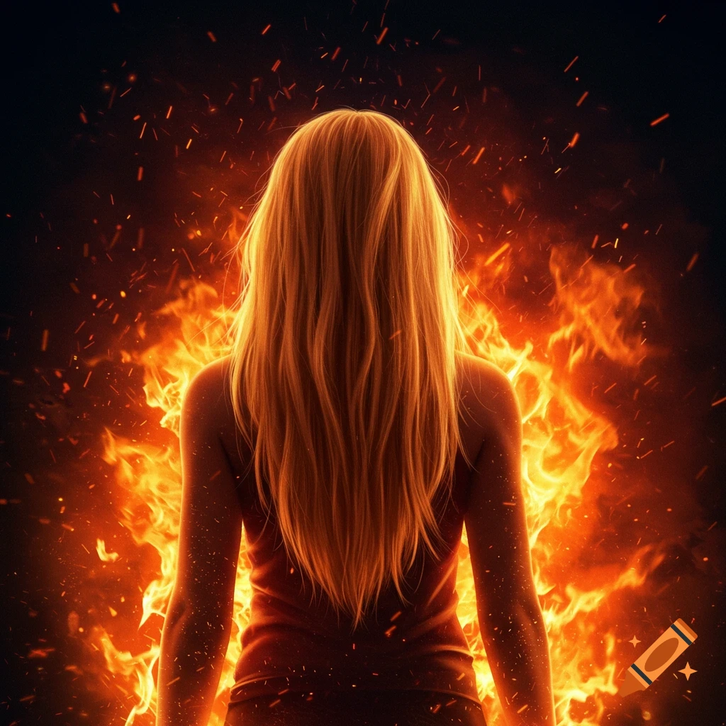 Woman with long blonde hair seen from behind, illuminated by dramatic fire and sparks.