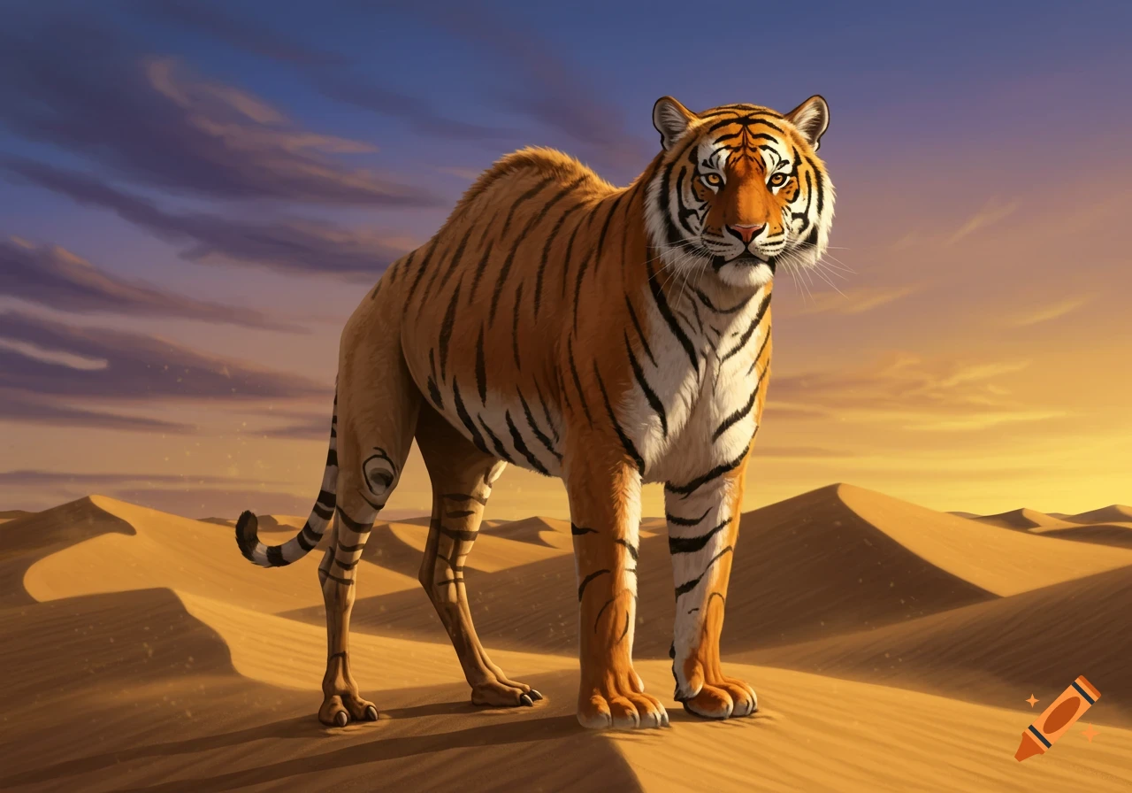 A tiger-camel hybrid creature standing on sand dunes at sunset, with a vibrant sky.