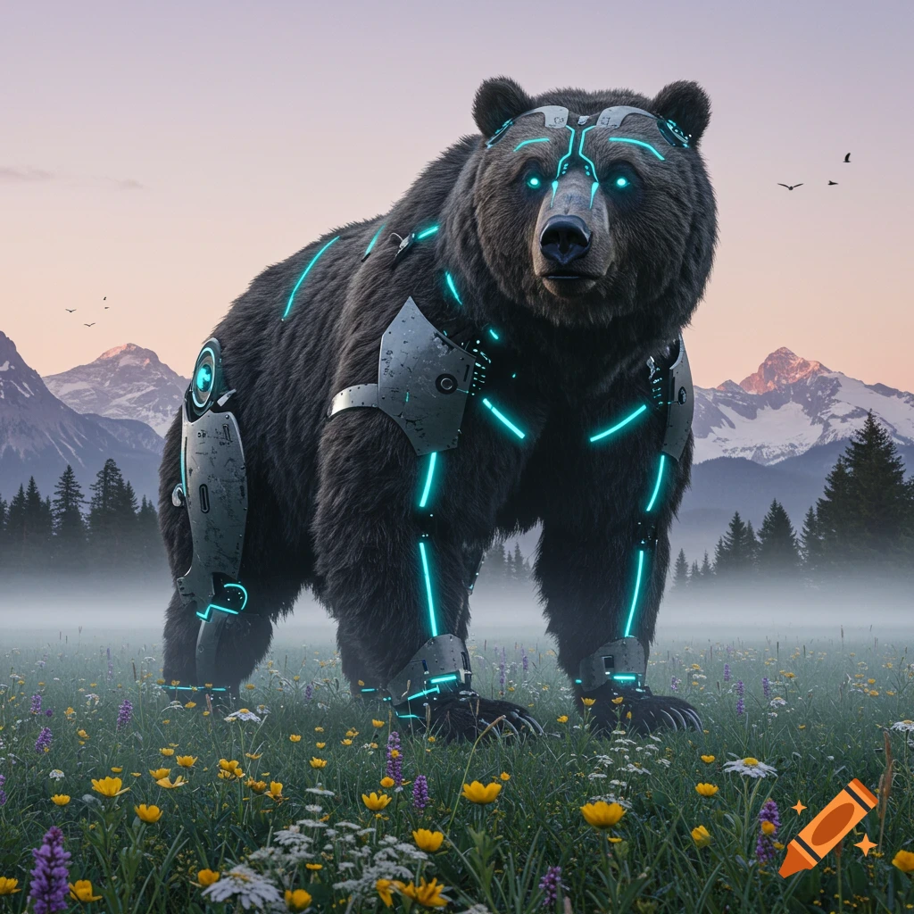 A majestic bionic bear with glowing blue lights on its cybernetic parts stands in a field of wildflowers with mountains in the misty background at dusk.