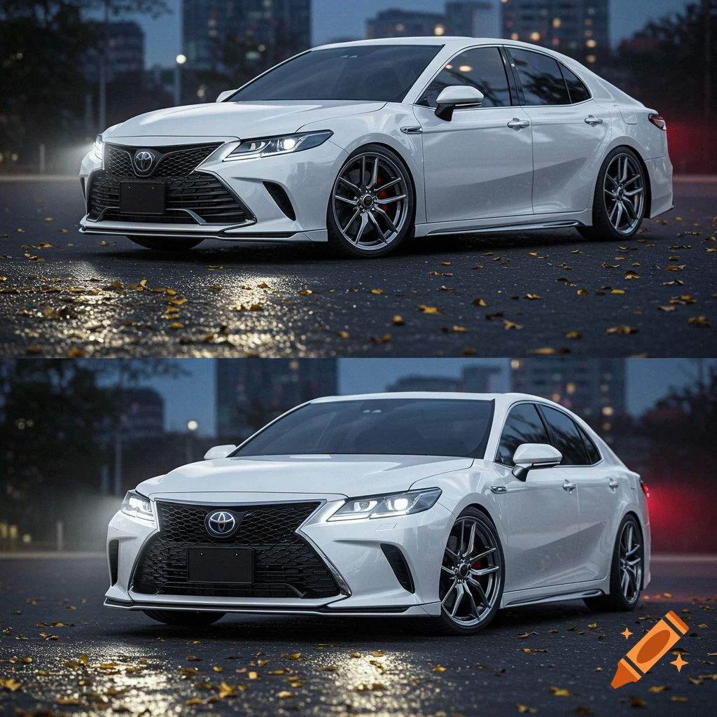 Two photorealistic images of a white customized sedan with a Toyota emblem, Lexus-style grille, and BBS LM rims, parked on a wet street with autumn leaves.