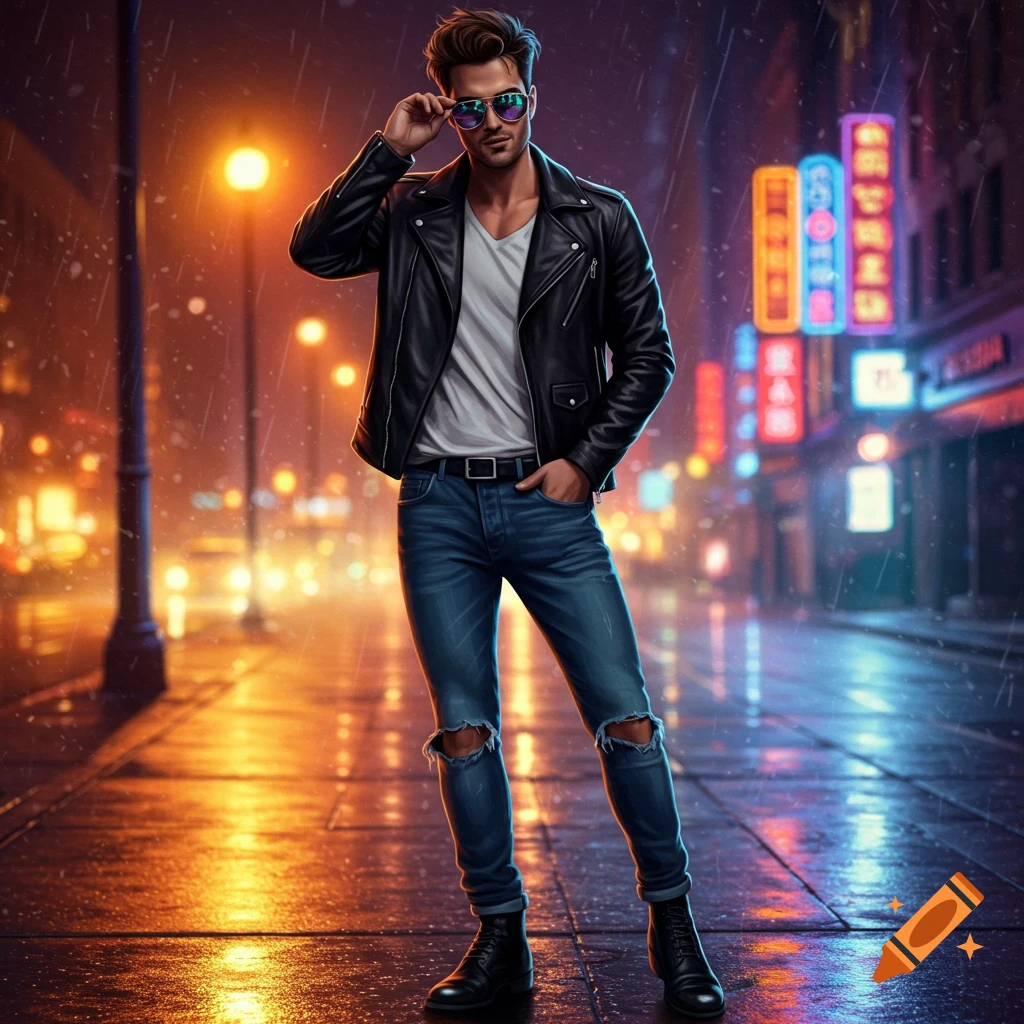 A stylish man in a leather jacket, white tee, and ripped jeans stands on a wet city street at night, adjusting his sunglasses.