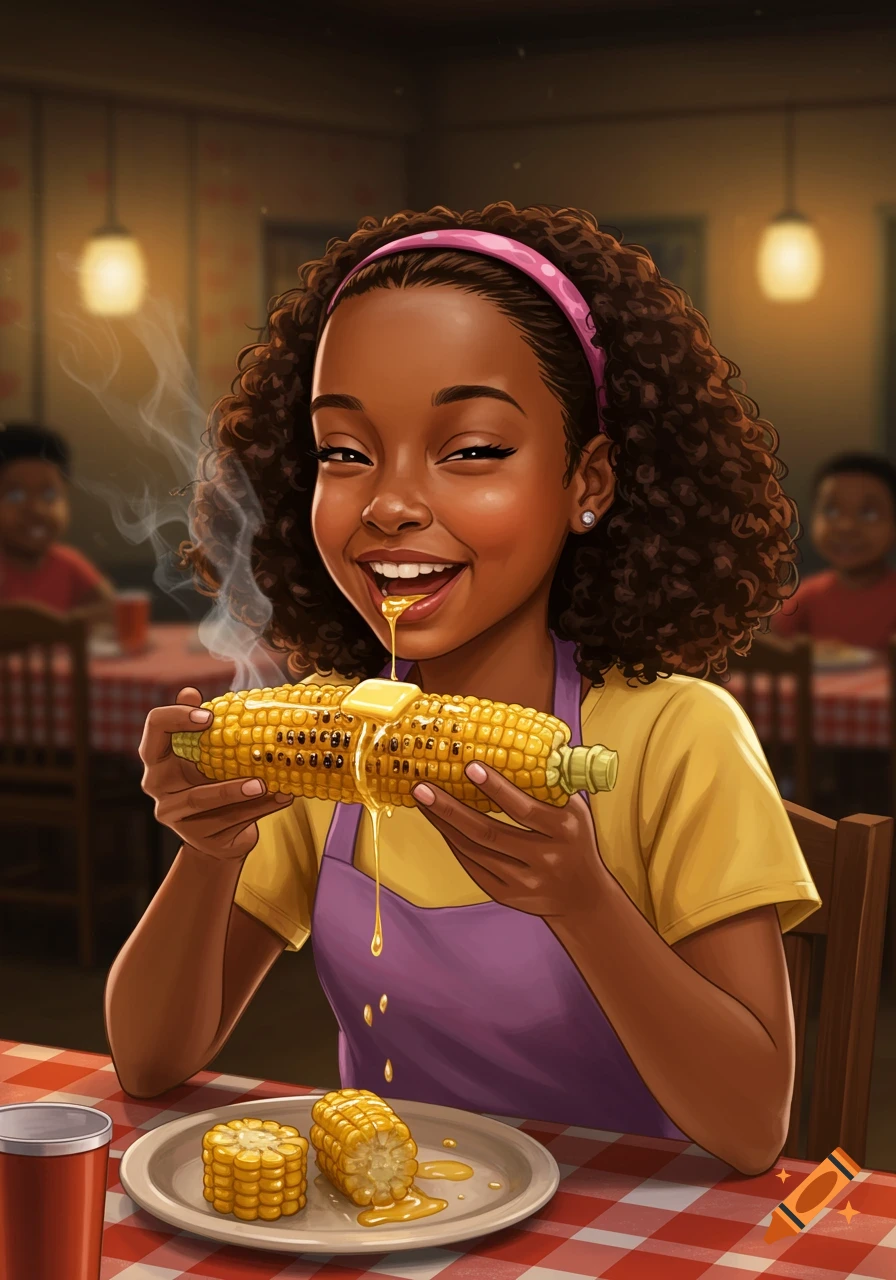 A happy young Black girl with curly hair in an illustrated style, eagerly eats a steaming corn on the cob with melting butter in a diner.