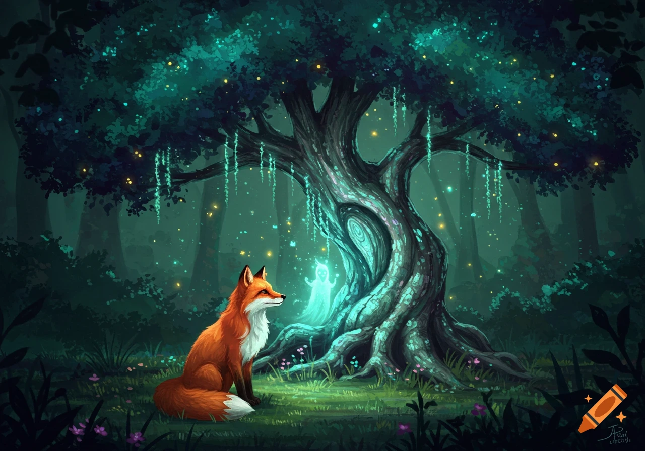 A red fox sits in a glowing forest, looking at a luminescent spirit by a large, gnarled magical tree. Stylized illustration.