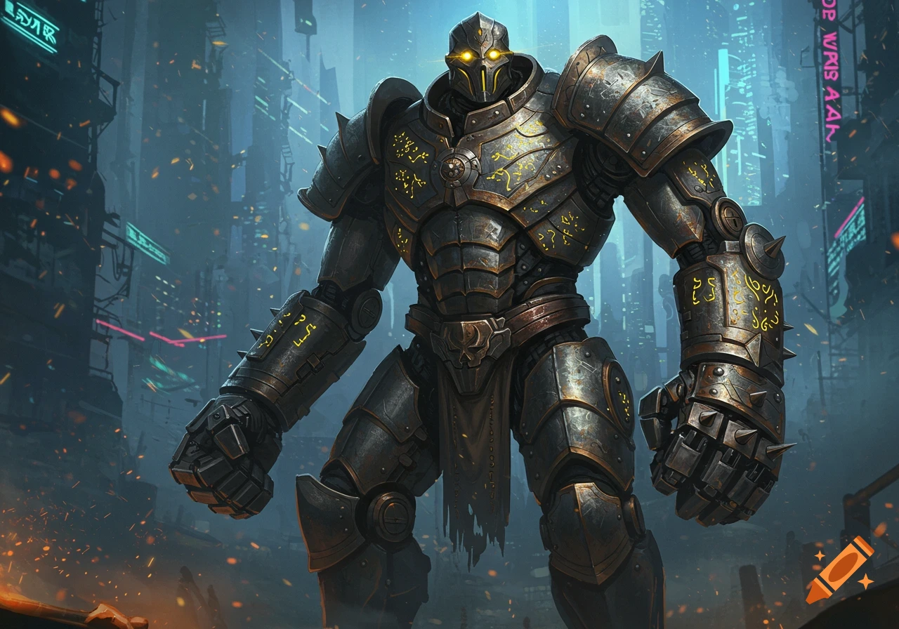 A large, imposing armored robot with glowing yellow eyes stands in a futuristic, dark city with neon lights and debris.