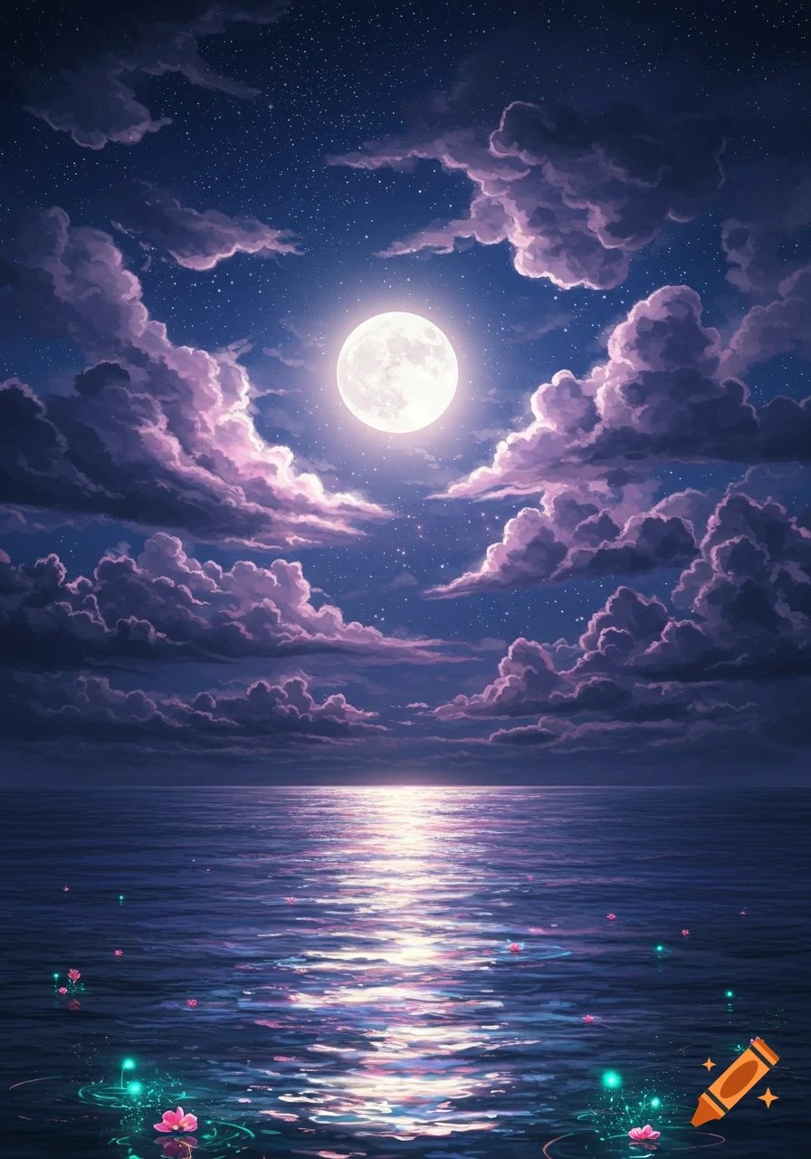 A full moon illuminates a vast ocean under a starry night sky with purple clouds. Glowing pink flowers float on the reflective water.