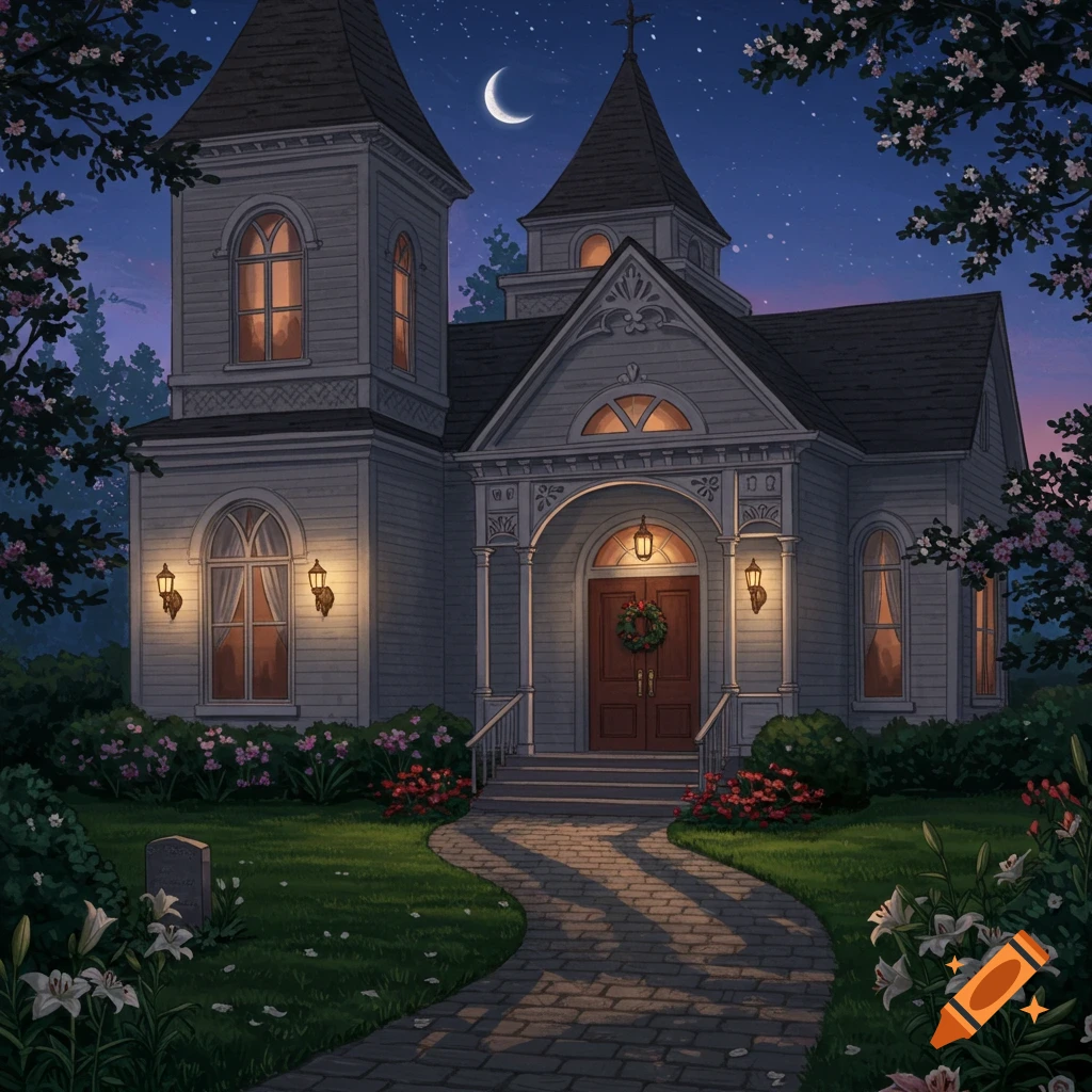Illustrated funeral home at night, with glowing windows, a cobblestone path, a wreath on the door, and a tombstone in a moonlit garden.