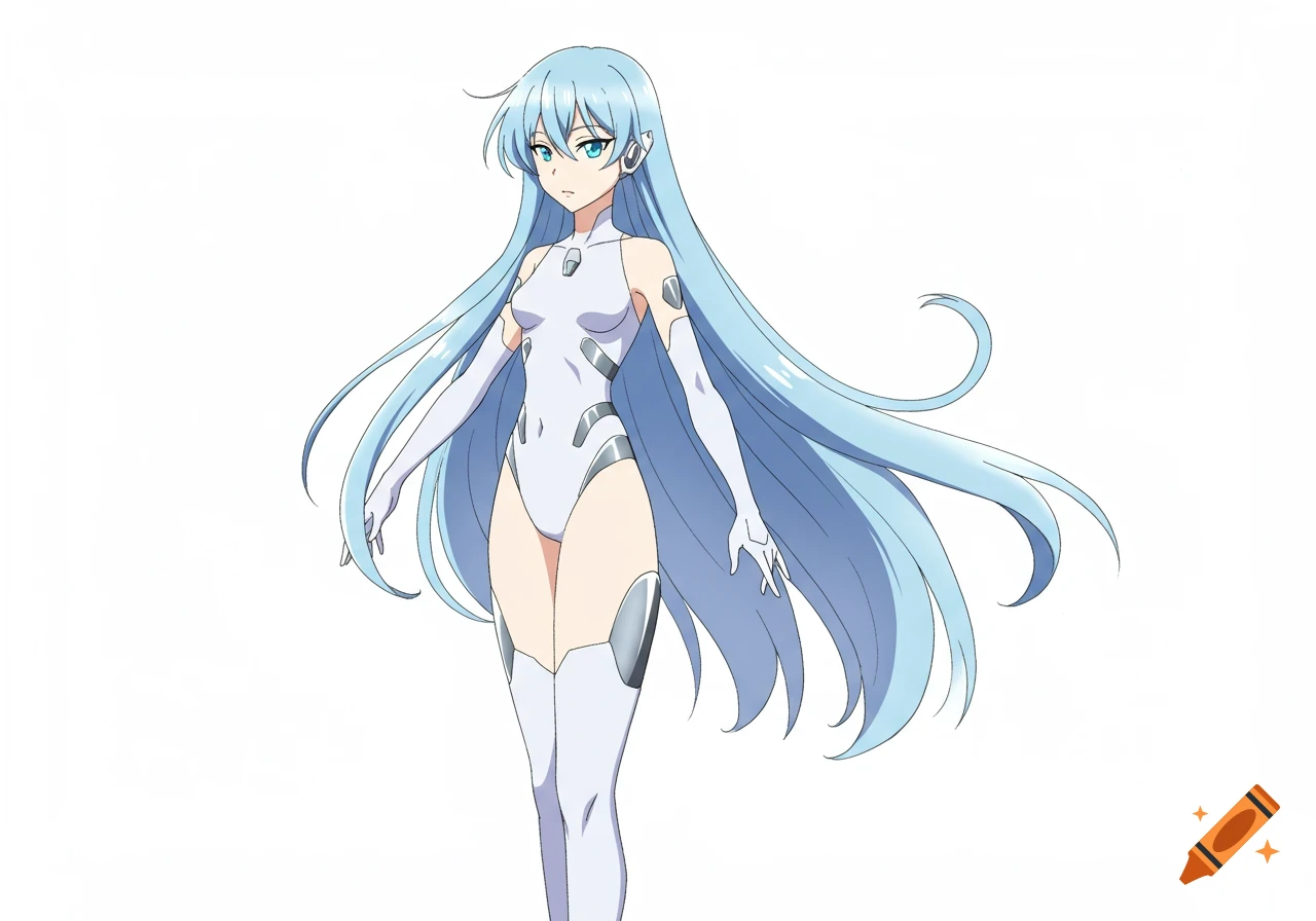 Anime lady with long light blue hair in a white futuristic bodysuit with metallic accents, standing against a white background.