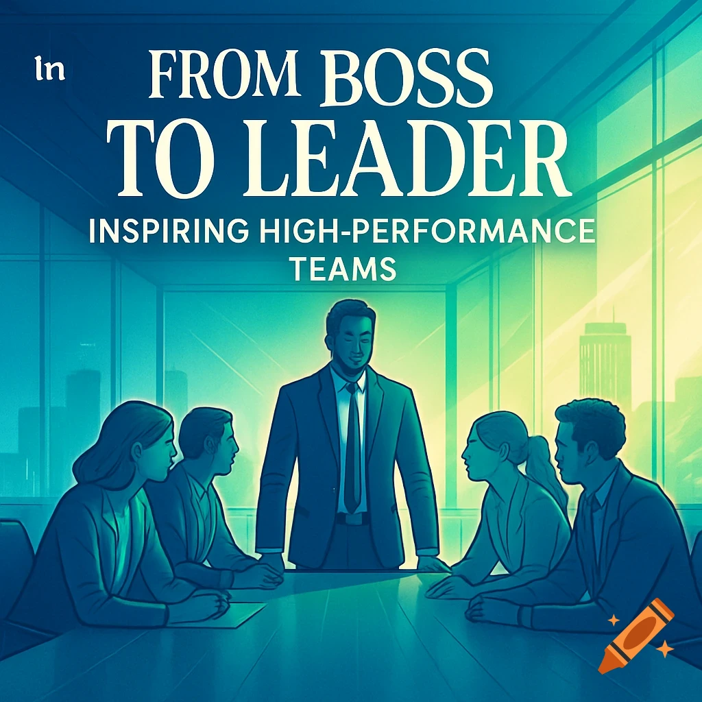 Stylized illustration of a leader in a suit standing at a conference table with a team, with the text 'FROM BOSS TO LEADER: INSPIRING HIGH-PERFORMANCE TEAMS'.