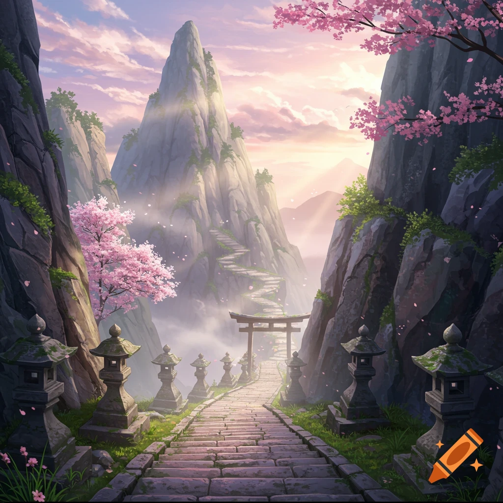 A stone path with lanterns and cherry blossom trees leads to a torii gate at the base of a tall, mystical mountain under a pink sunset sky, in an anime art style.