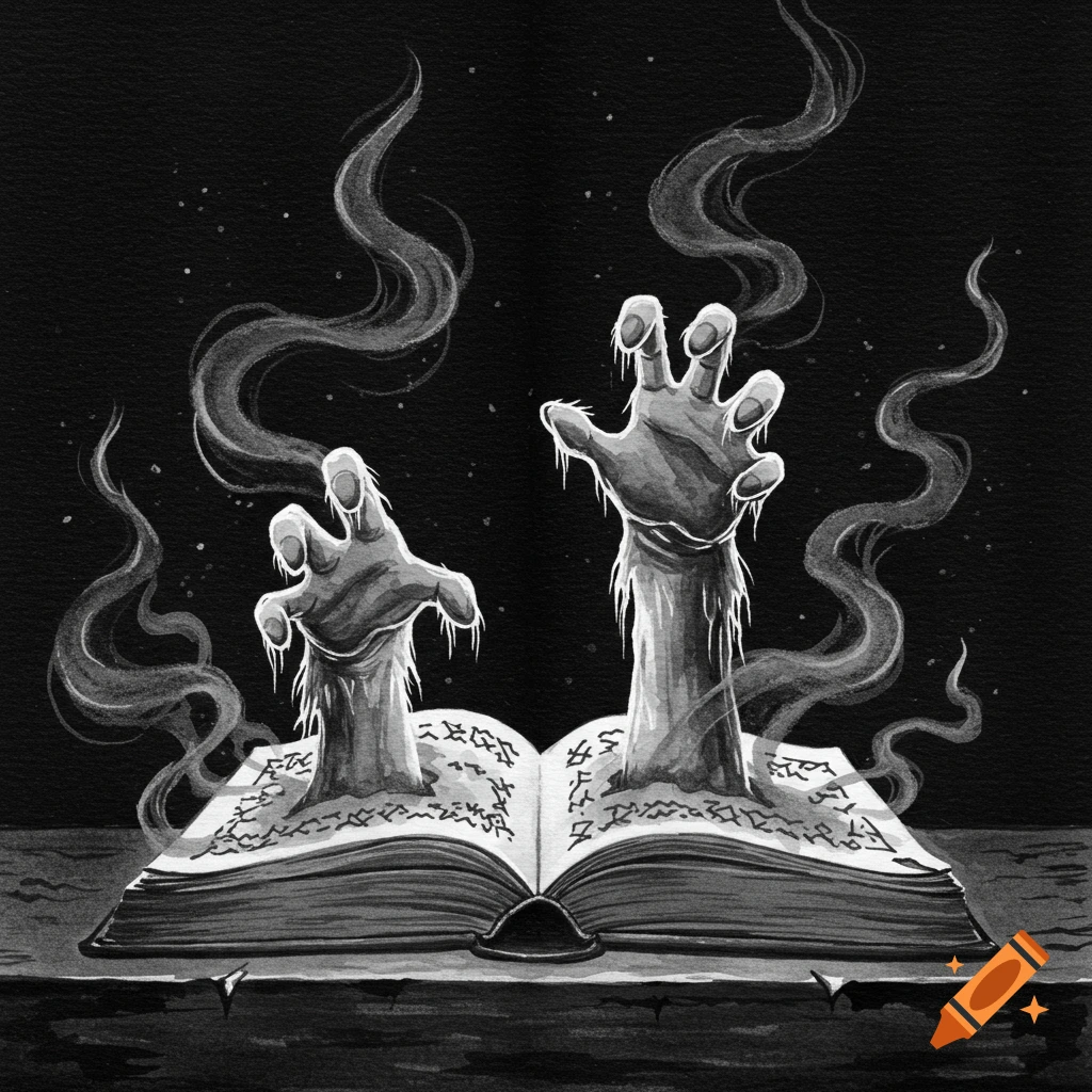 Monochrome watercolor painting of zombie hands rising from an open spell book, with smoke curling upwards in a dark, spooky atmosphere.