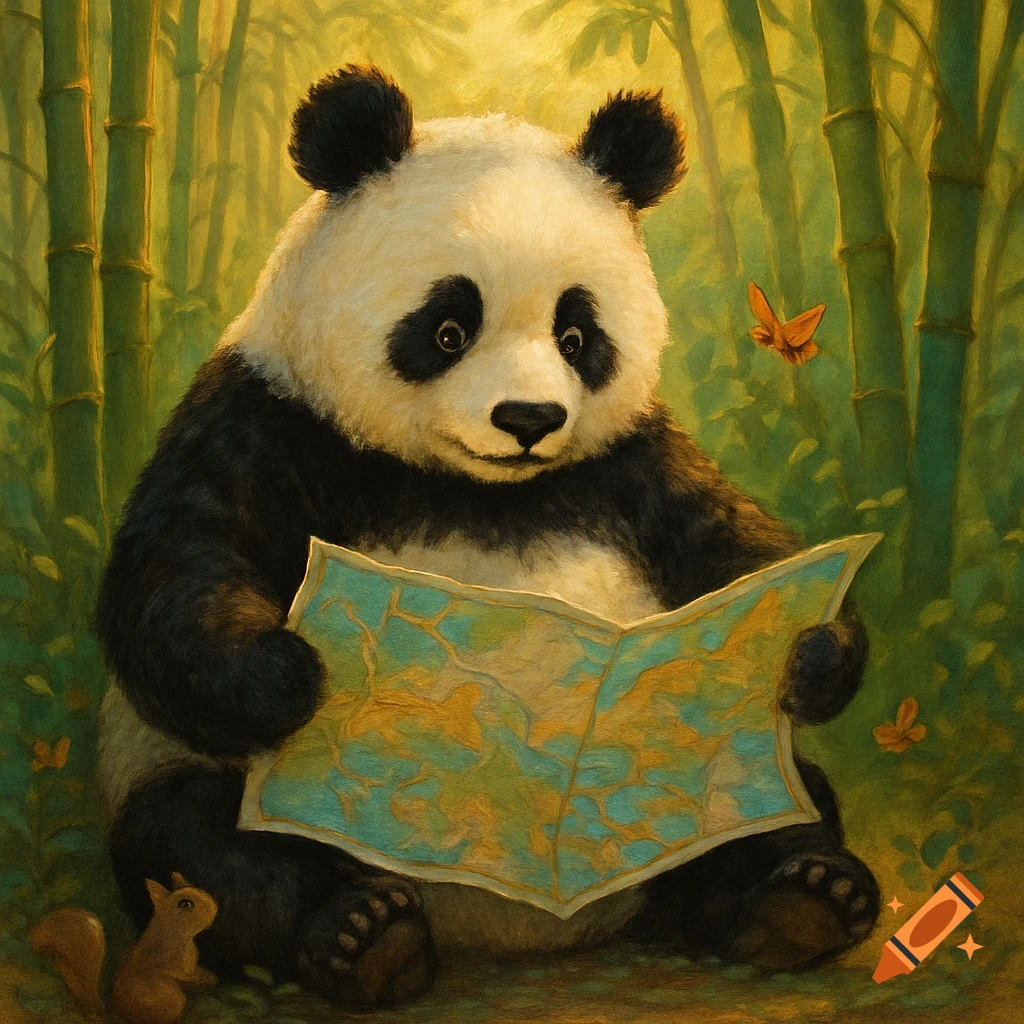 An illustrated panda sits in a bamboo forest, intently looking at a map, with a squirrel and butterflies nearby.