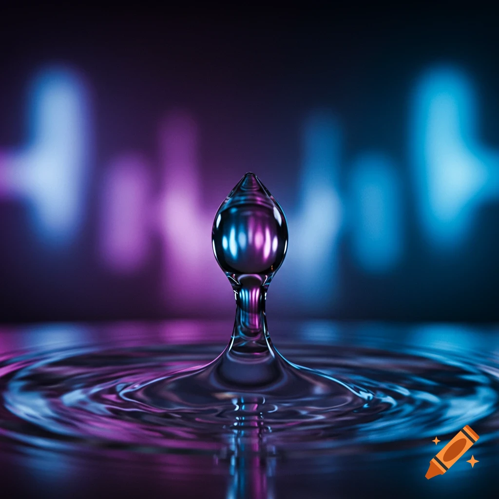 A high-detail close-up of a water droplet creating ripples, illuminated by glowing blue and purple neon lights.