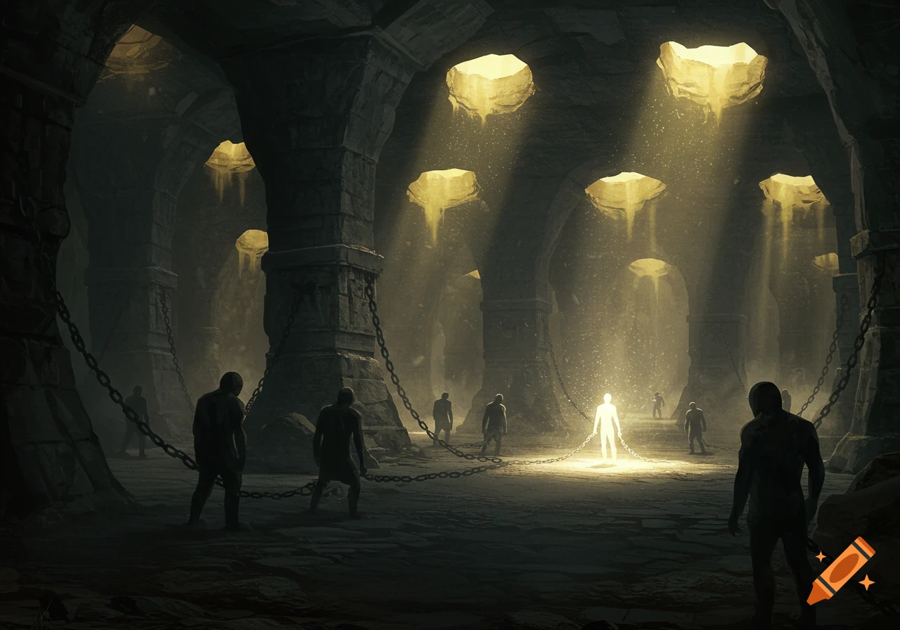 Dark, cavernous dungeon with chained shadowy figures, a glowing figure in the center, and shafts of light entering from above.