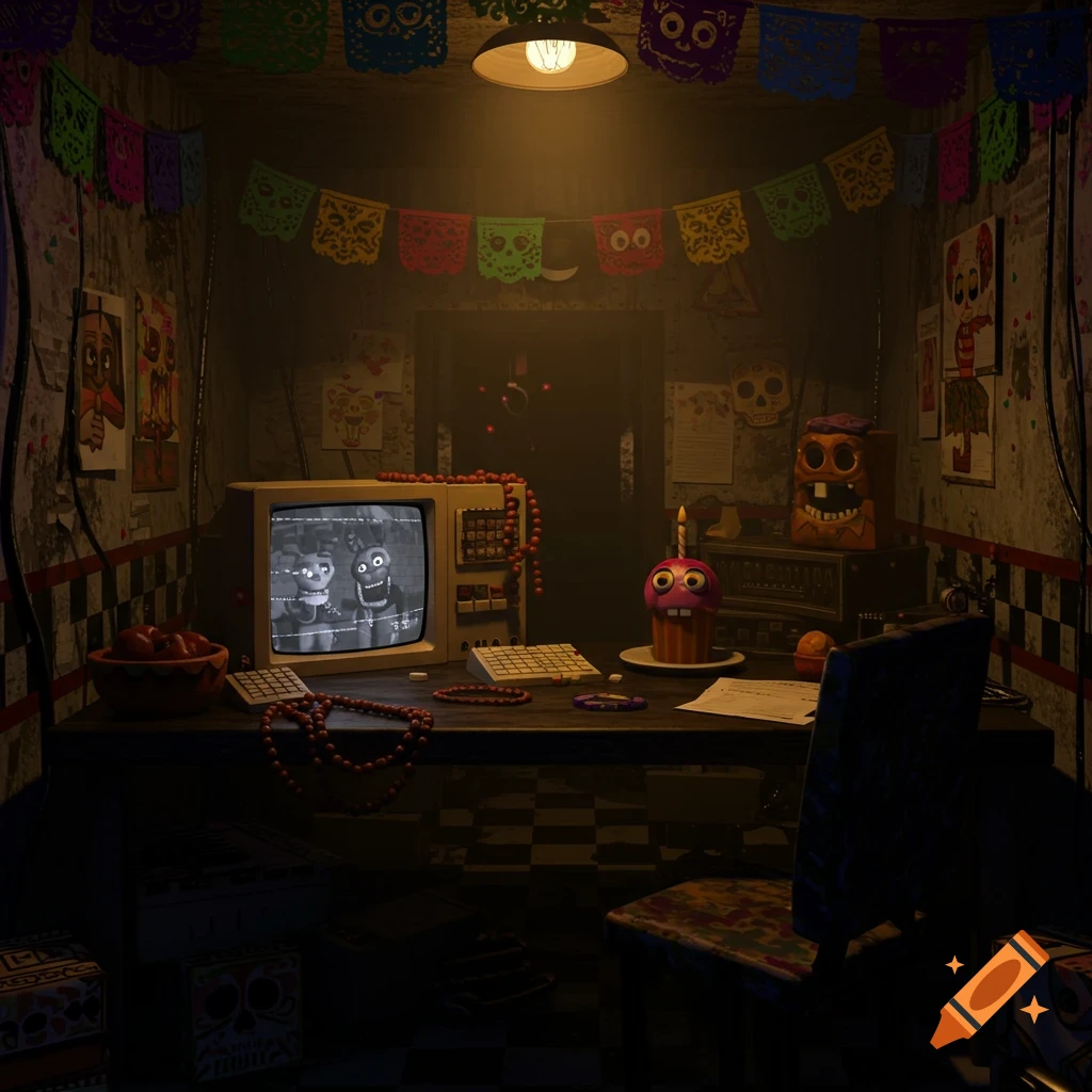 A dimly lit FNaF security office with Day of the Dead decorations, a static monitor, and a cupcake with a candle on a cluttered desk.