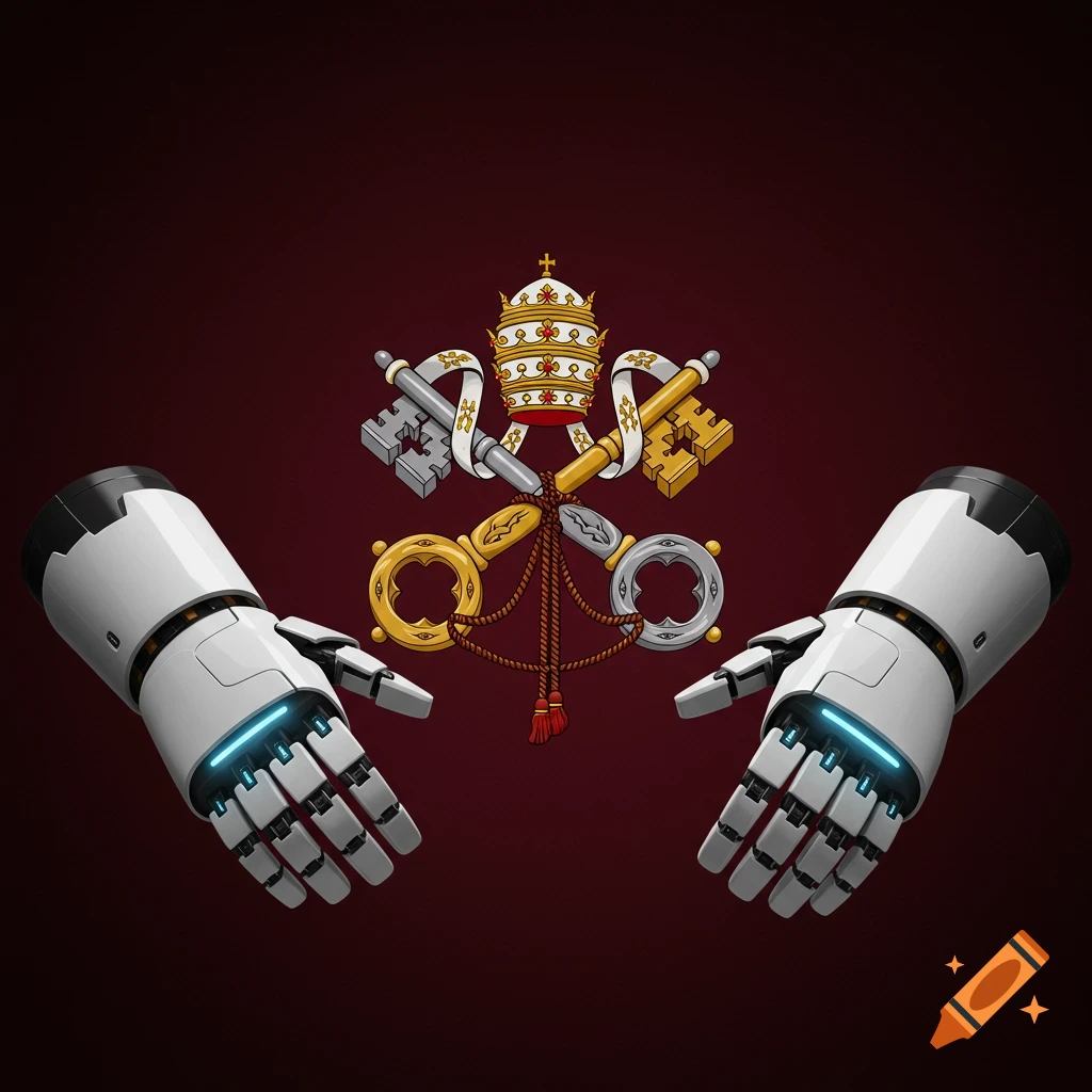 A Vatican City Coat of Arms on a dark maroon background, flanked by two white, futuristic robotic gauntlet gloves.