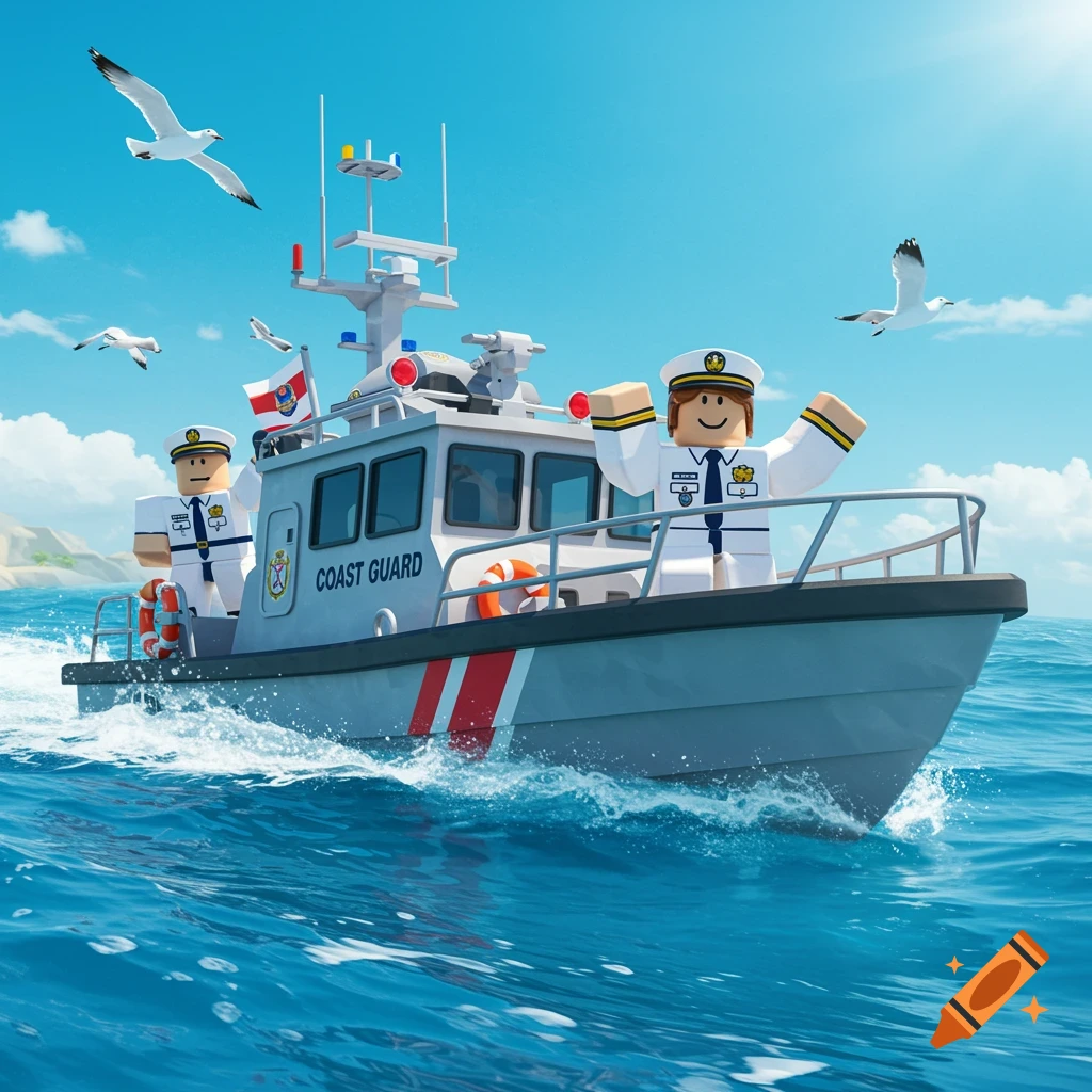 Roblox GFX of a Coast Guard boat with two block-style characters, sailing on a blue sea under a clear sky with seagulls.