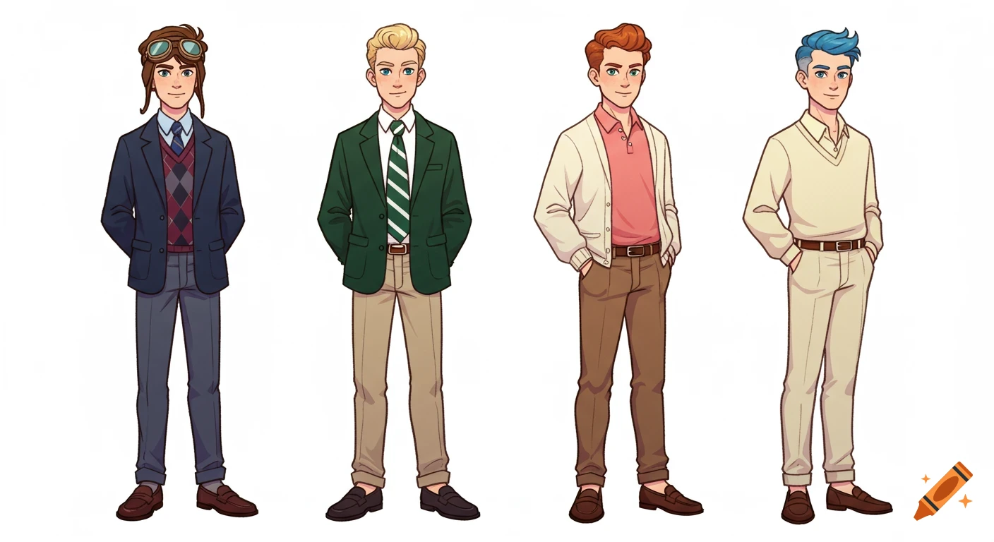 Four cartoon young men in preppy fashion, standing in a row on a white background, in a vibrant anime style.