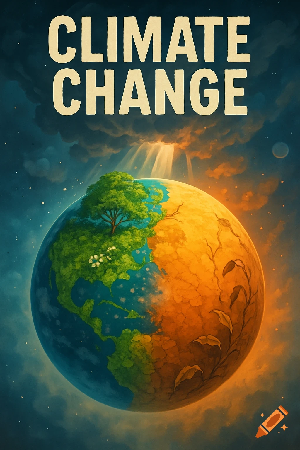 An illustration of Earth split in half, one side lush green with a tree, the other barren orange with dried plants. The text "CLIMATE CHANGE" is at the top.