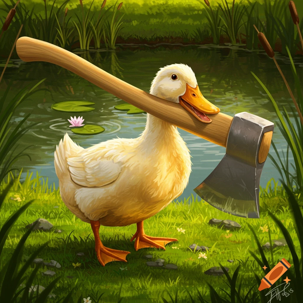 A cartoon white duck stands by a pond, holding a large wooden axe in its beak, illustration.