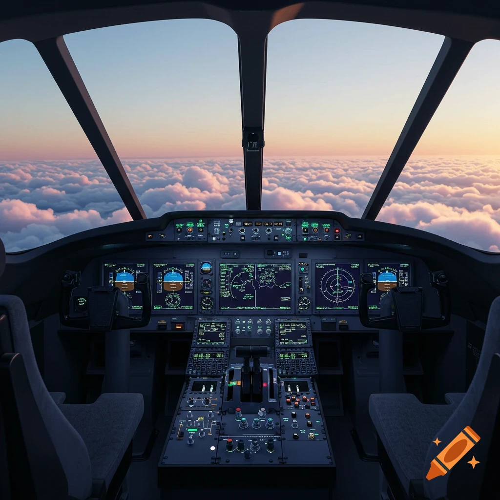 View from an airplane cockpit overlooking a vast sea of clouds at sunset, with detailed instrument panels.