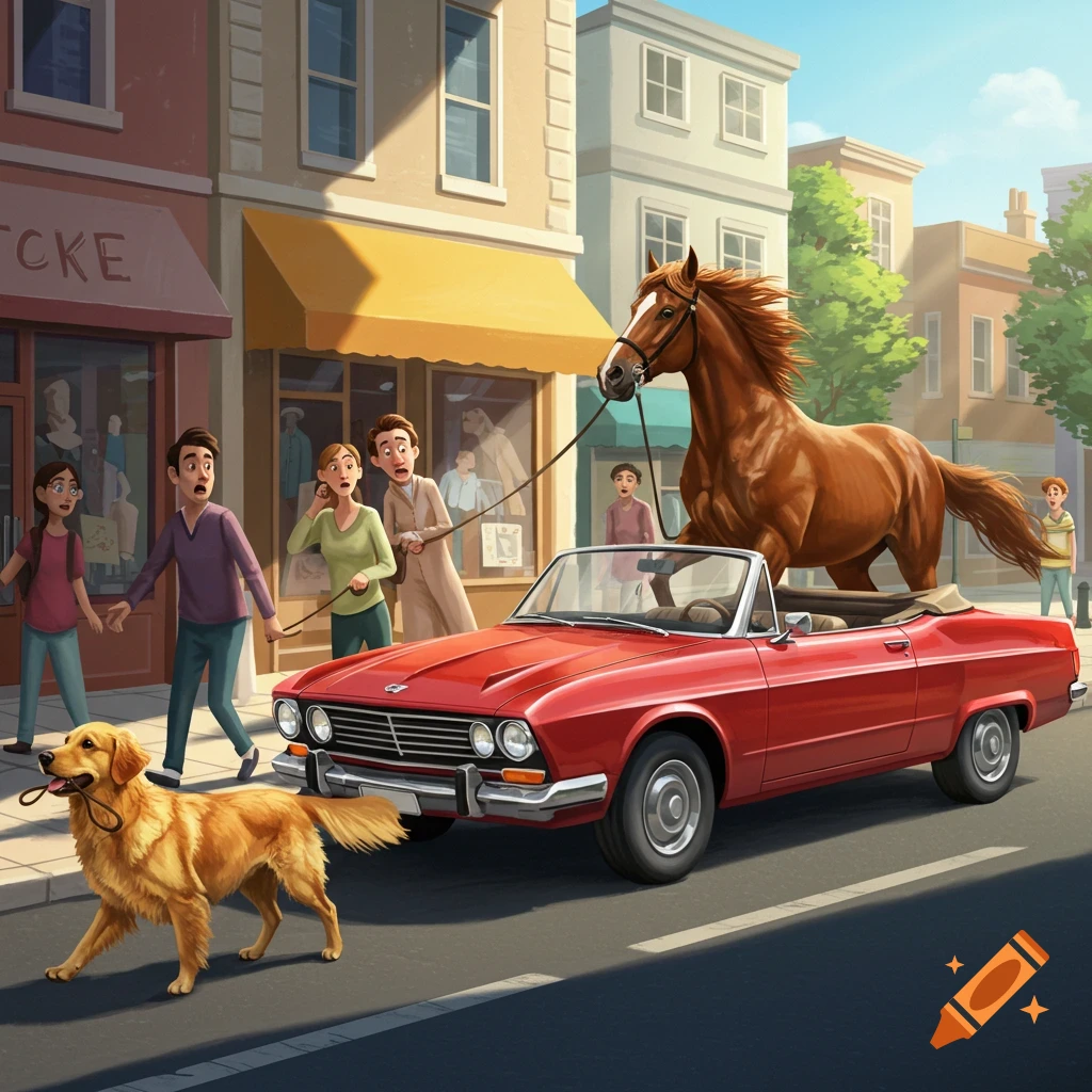 A golden retriever walks a person on a leash while a horse drives a red convertible past shocked people on a cartoon city street.