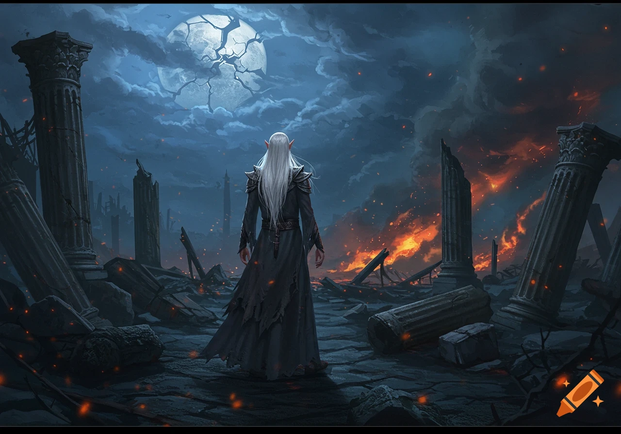 A white-haired elf stands in a ruined city under a cracked moon and burning sky, dark fantasy art.